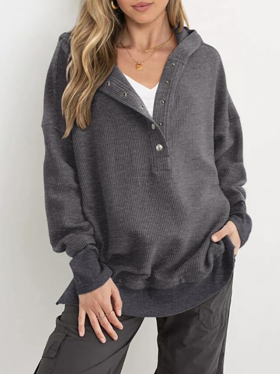 Soticma™ V Yaka Düğmeli Kapüşonlu Üst