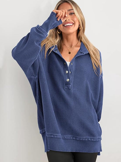 Soticma™ V Yaka Düğmeli Kapüşonlu Üst